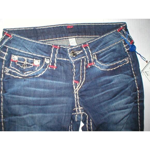 New Womens True Religion Brand Jeans Dark Blue 26 NWT Super T Skinny Flap White - Picture 8 of 11